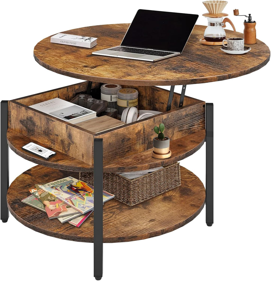 Round Lift Top Coffee Table with Storage and Hidden Compartment, 35.43 in Rustic Brown S2893