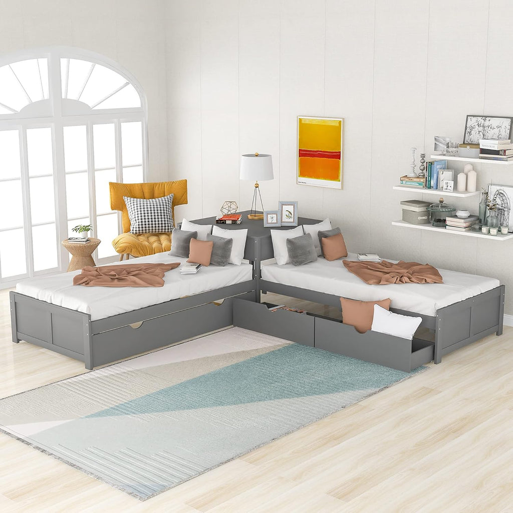 Twin L-Shaped Platform Bed with Trundle, 2 Storage Drawers, and Built-in Square Desk E7547