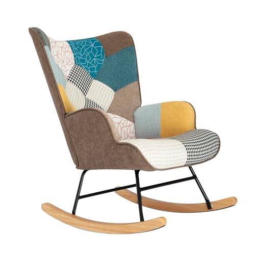 Patchwork Rocking Chair with Footstool and Pillow Fabric Upholstered High Back Lounge Chair 35''Lx 26''Wx37.8''H A390