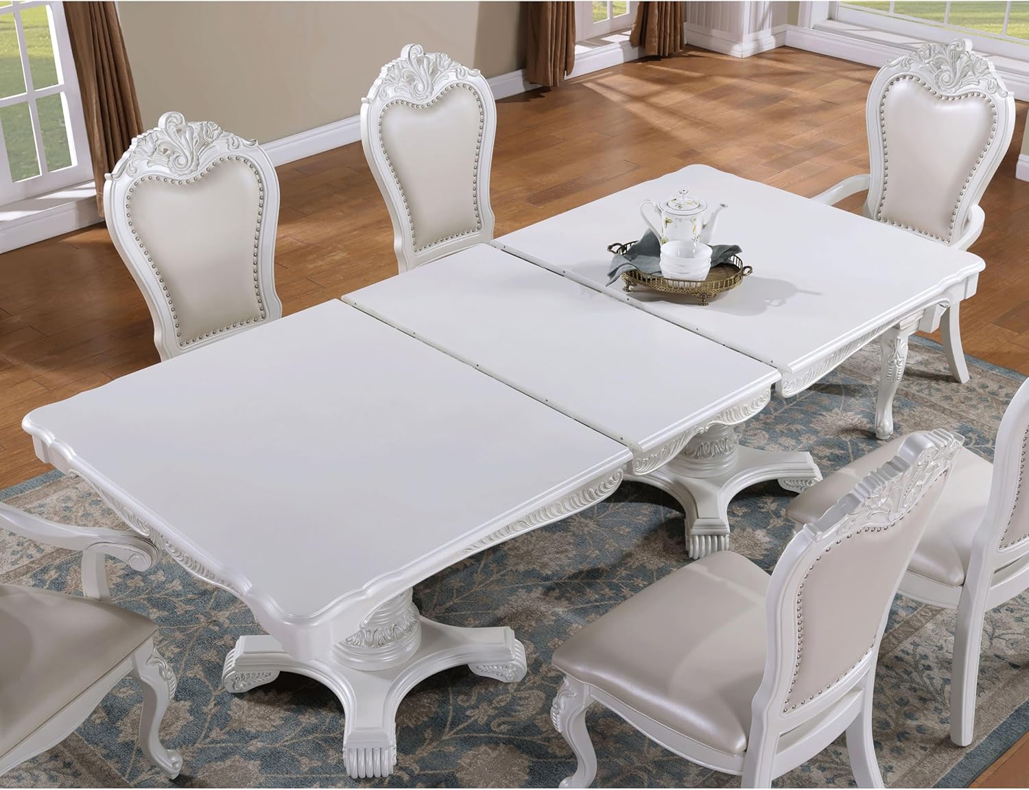 Solid Wood 7-Piece Dining Set with Expandable Table and 6 Leather Padded Side Chairs, White V884042
