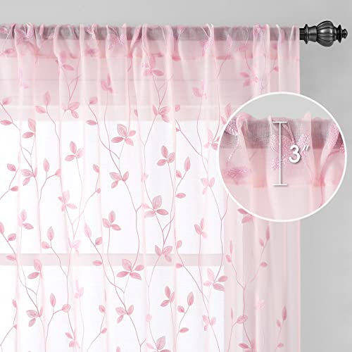 Sage Green Sheer Curtains 84 Inches Long 2 Panels Embroidered Floral J2207