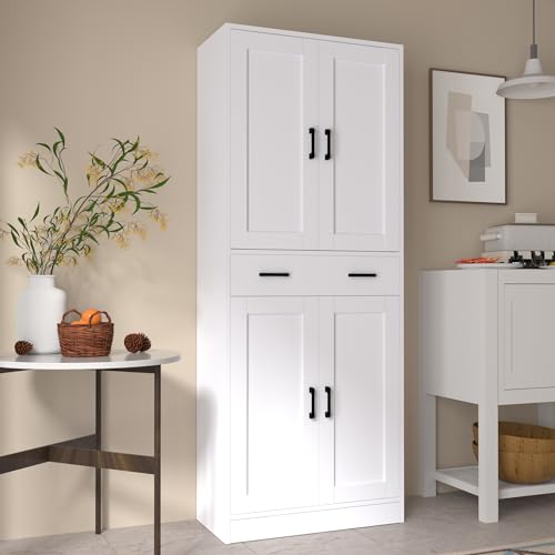 White 71" Tall Wooden Kitchen Storage Cabinet with Doors and Drawer O405