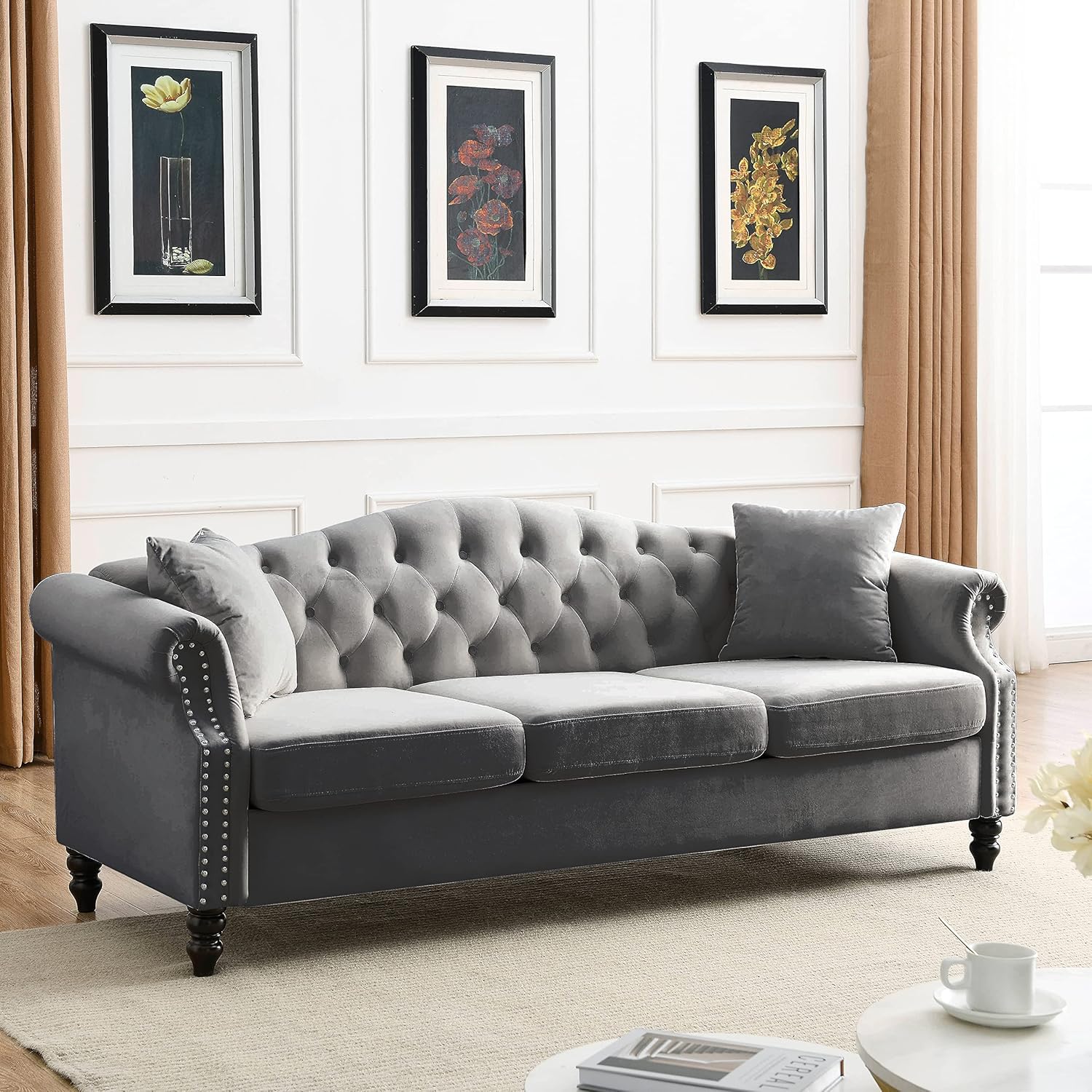 Grey Velvet 3 Seater Chesterfield Sofa N24926