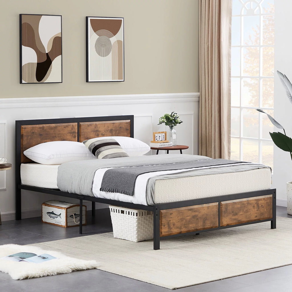 4-Piece Bedroom Set with Queen Size Platform Bed Frame & 5-Drawer Dresser & Two Nightstands, Brown L2401