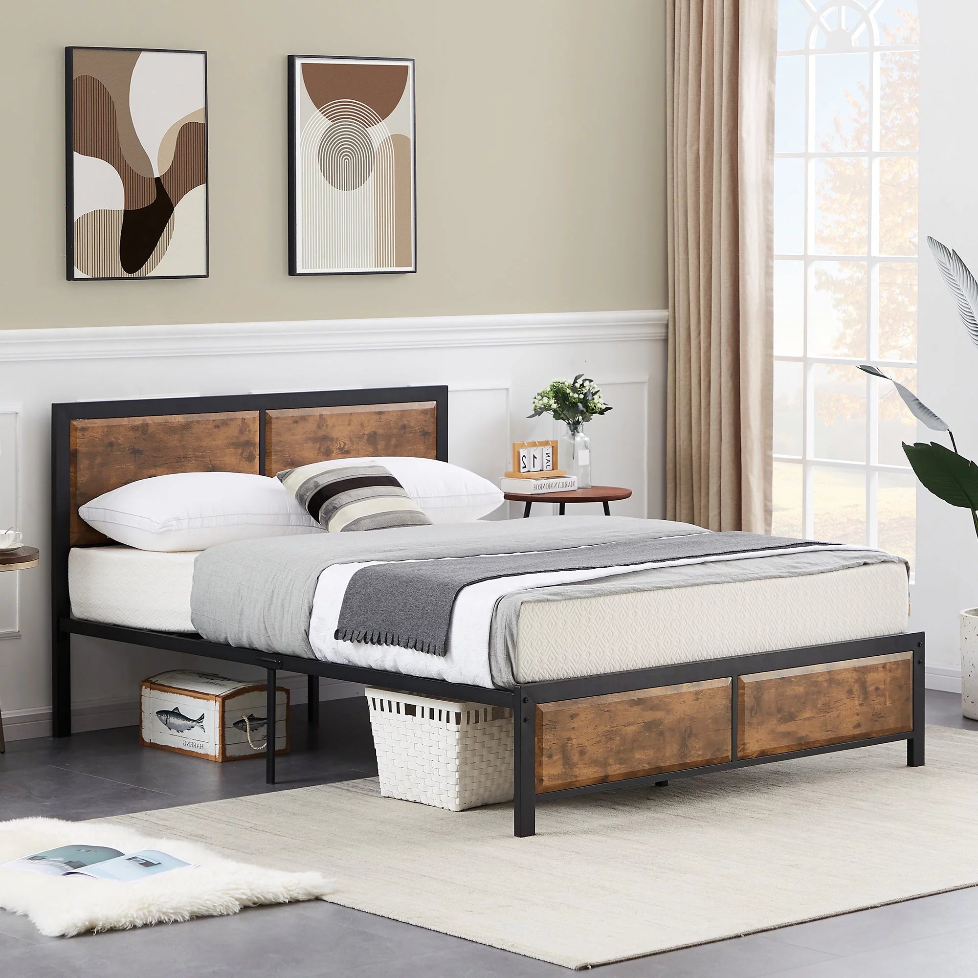 4-Piece Bedroom Set with Queen Size Platform Bed Frame & 5-Drawer Dresser & Two Nightstands, Brown L2401