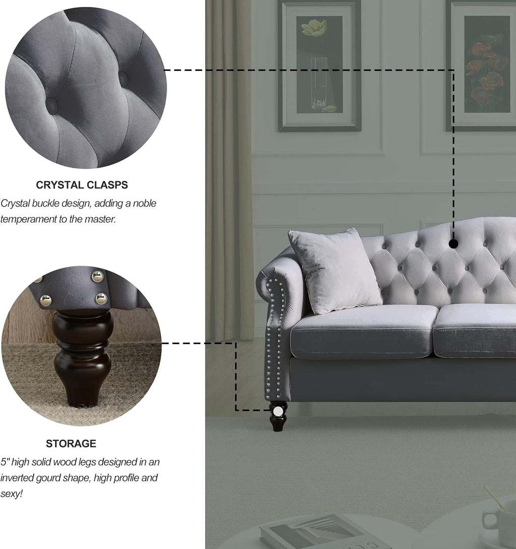 Grey Velvet 3 Seater Chesterfield Sofa N24926
