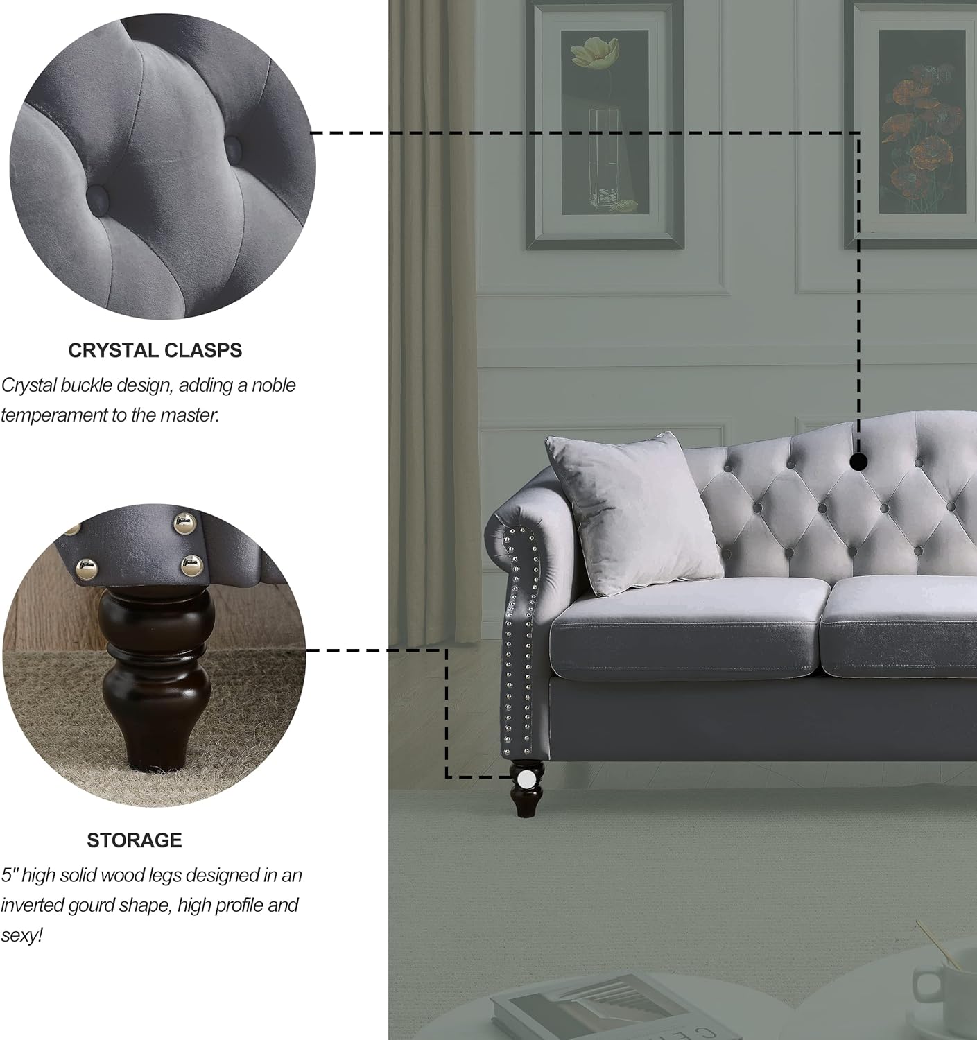 Grey Velvet 3 Seater Chesterfield Sofa N24926
