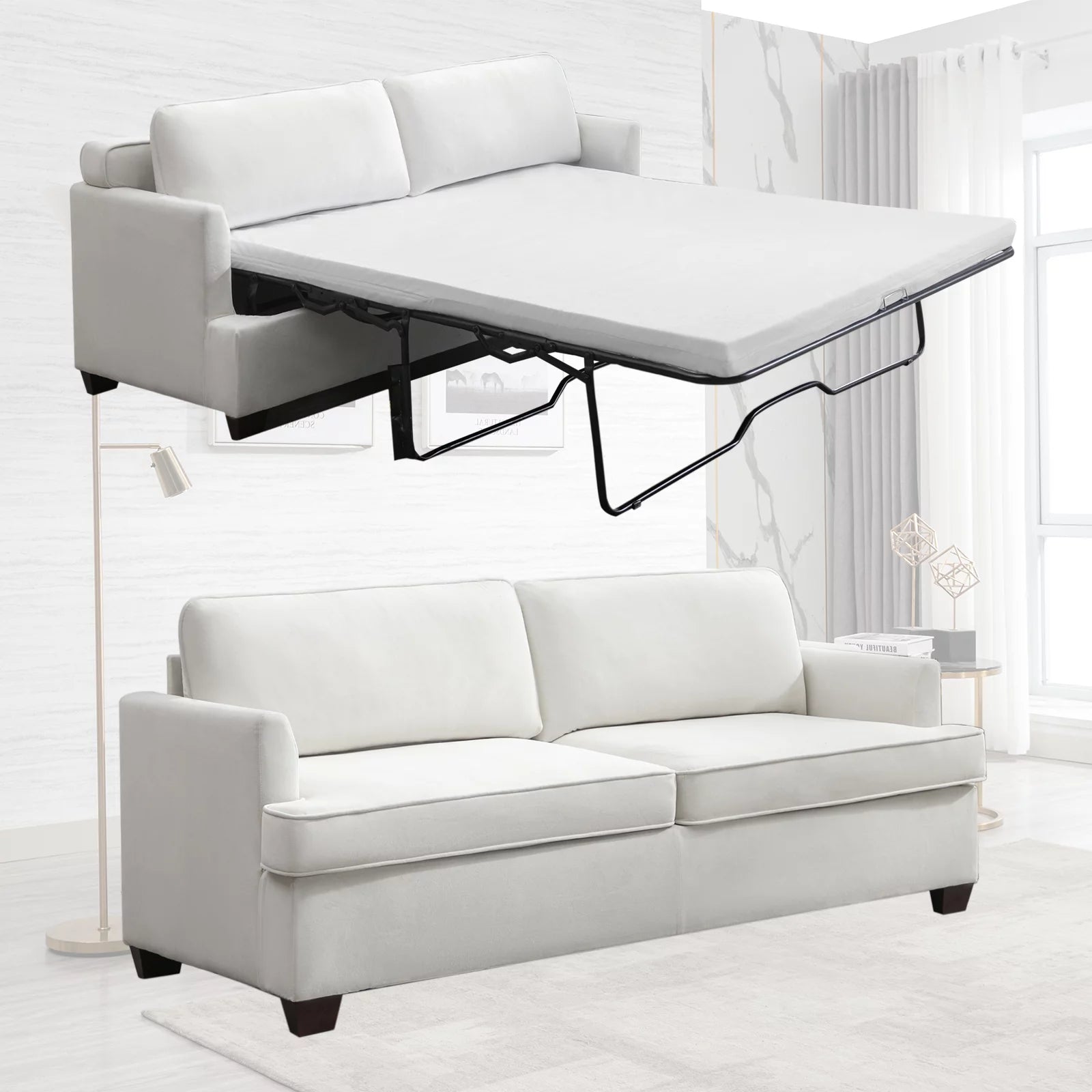 Beige Velvet Queen Size Pull Out Sofa Bed with Foam Mattress N1754