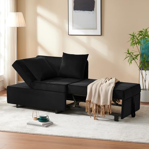 Dark Grey Velvet 4-in-1 Convertible Sofa Bed with 2 Throw Pillow R9695