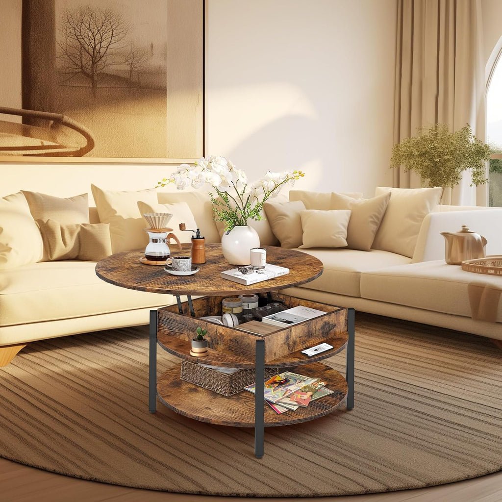 Round Lift Top Coffee Table with Storage and Hidden Compartment, 35.43 in Rustic Brown S2893