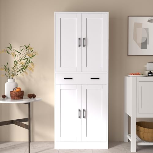 White 71" Tall Wooden Kitchen Storage Cabinet with Doors and Drawer O405