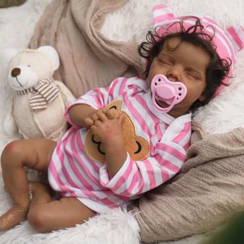 Realistic Reborn Baby Dolls, Silicone Soft Body Black Lifelike Reborn Babies with Feeding Kit & Gift Box D9534