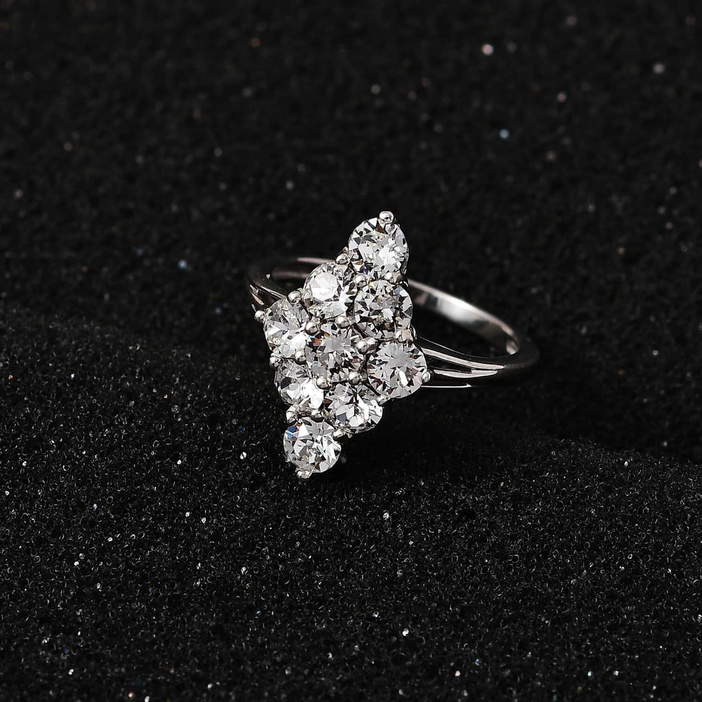 White Crystal Round 925 Sterling Silver Platinum Plated Cluster Ring Size 9 V766