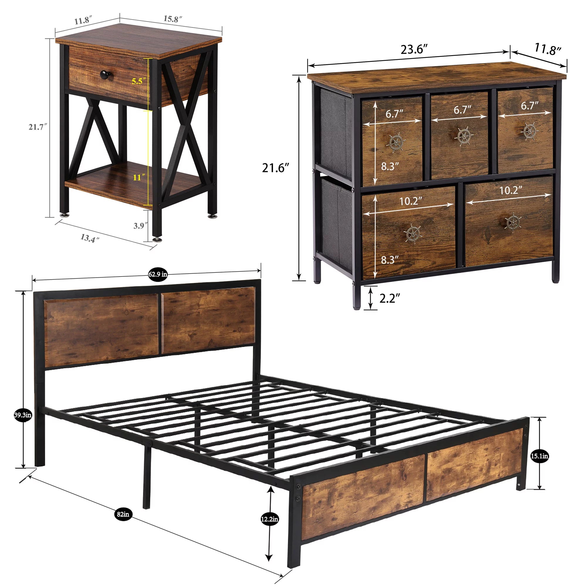 4-Piece Bedroom Set with Queen Size Platform Bed Frame & 5-Drawer Dresser & Two Nightstands, Brown L2401