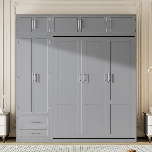Queen Size Wood Murphy Bed with Desk and Storage Shelves W917164
