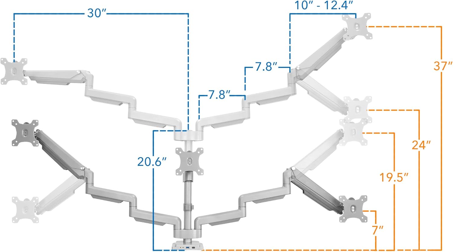 Triple Monitor Desk Mount with USB and Audio Ports, Height Adjustable for 24 27 30 32 Inch VESA Screens K9755