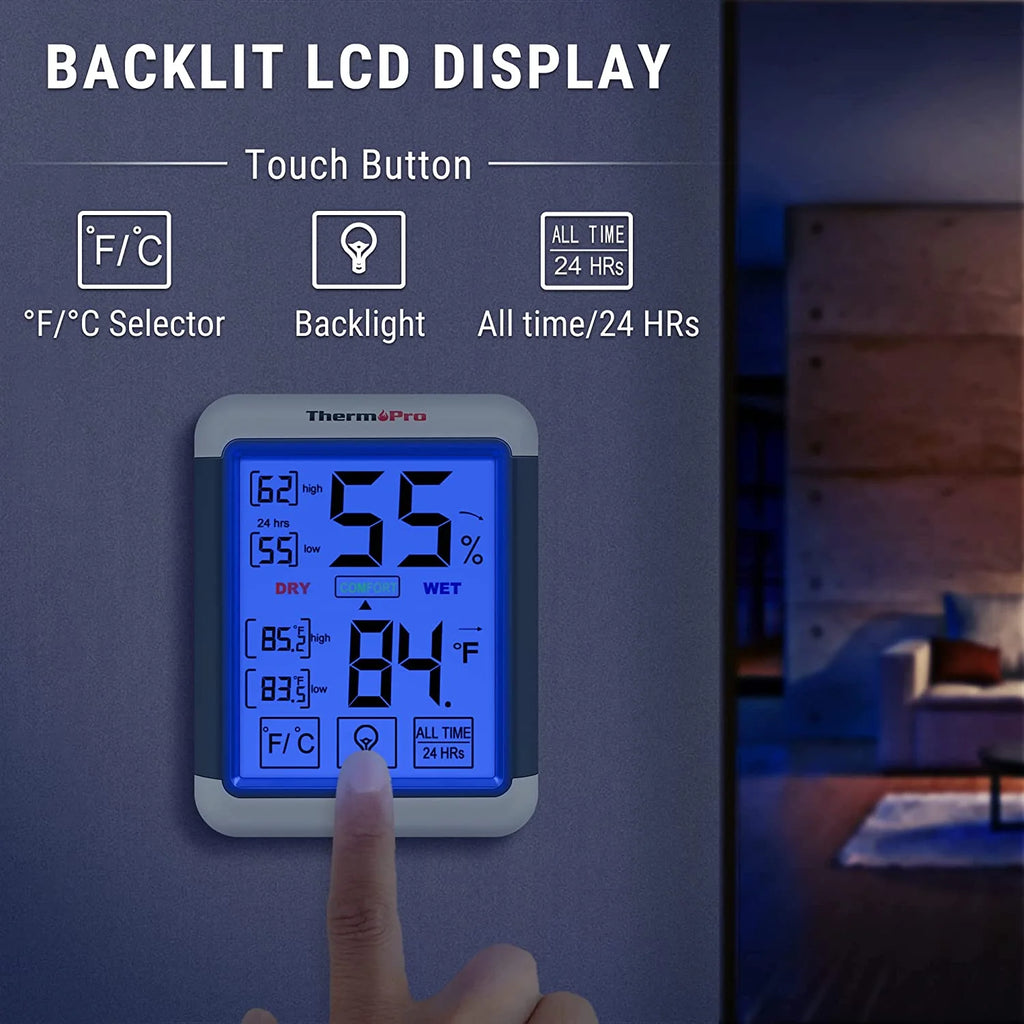 Digital Hygrometer Indoor Thermometer Humidity Gauge with Touchscreen and Backlight V4069