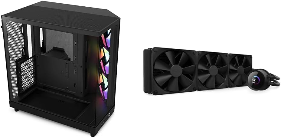 Mid-Tower Airflow Case with 3 RGB Fans, Panoramic Glass Panels, Cable Management & 360mm AIO CPU Liquid Cooler with Customizable LCD Display, High-Performance Pump, 3 Fans O646130