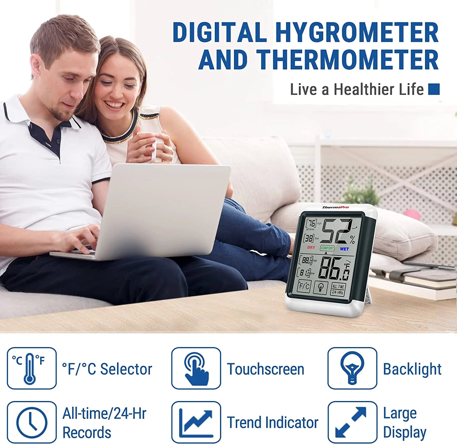 Digital Hygrometer Indoor Thermometer Humidity Gauge with Touchscreen and Backlight V4069
