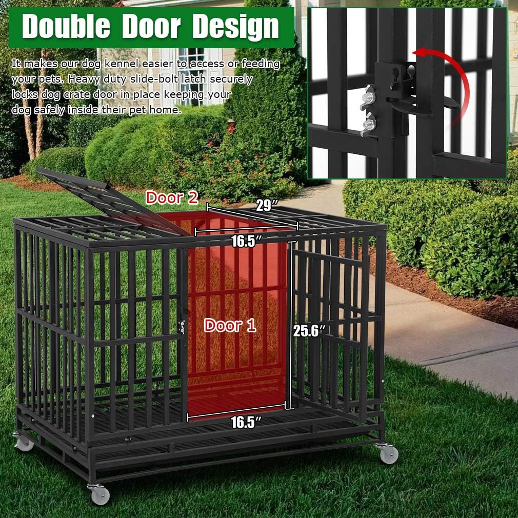 Black 48 Inches Dog Crate with Plastic Tray Double Doors K631092