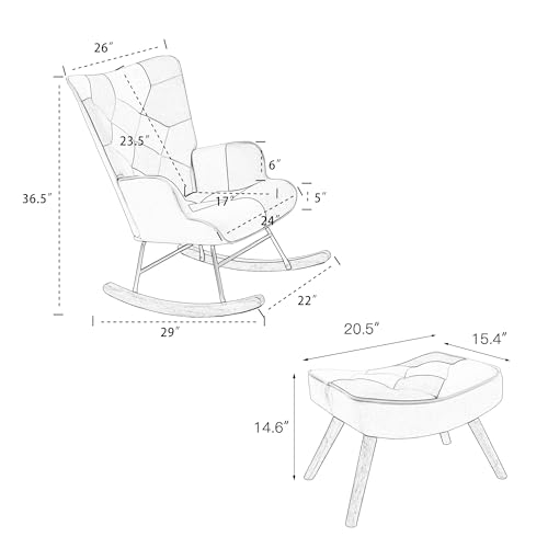 Patchwork Rocking Chair with Footstool and Pillow Fabric Upholstered High Back Lounge Chair 35''Lx 26''Wx37.8''H A390