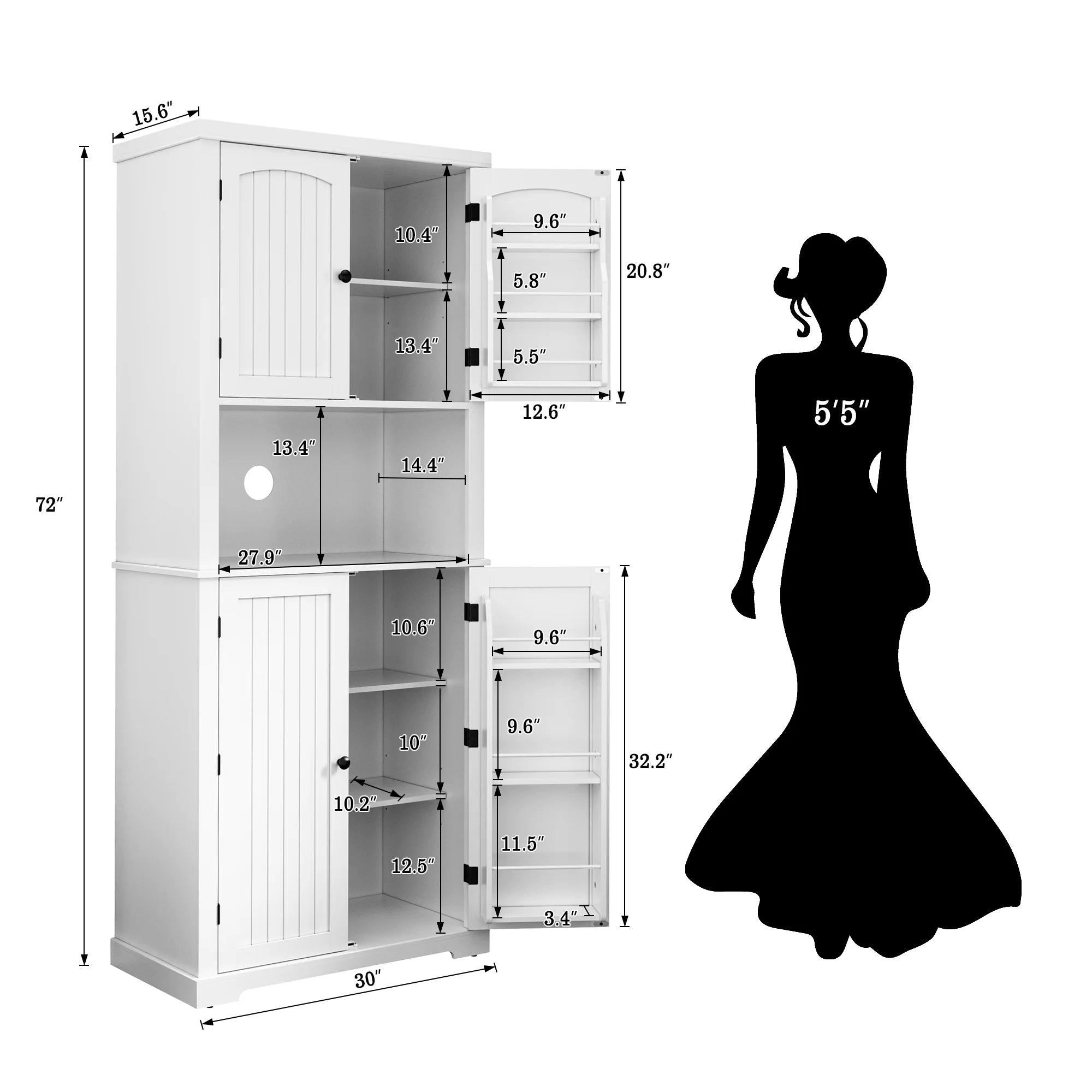 White 72" Kitchen Pantry Storage Cabinet with Microwave Stand H83806
