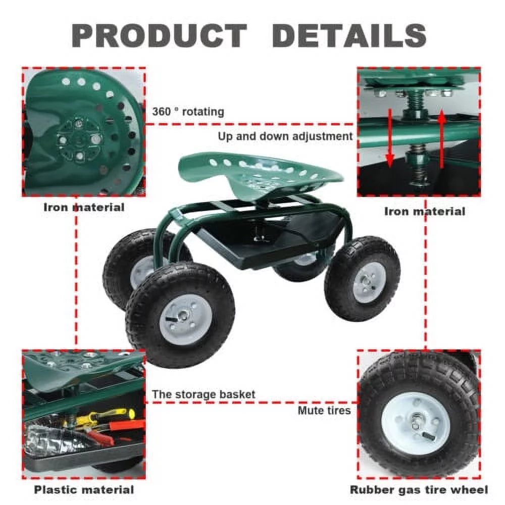 Green Metal Rolling Garden Seat Cart with 4 Wheels N522