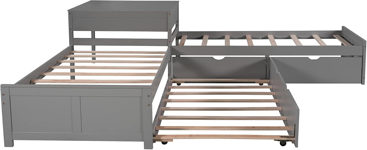 Twin L-Shaped Platform Bed with Trundle, 2 Storage Drawers, and Built-in Square Desk E7547