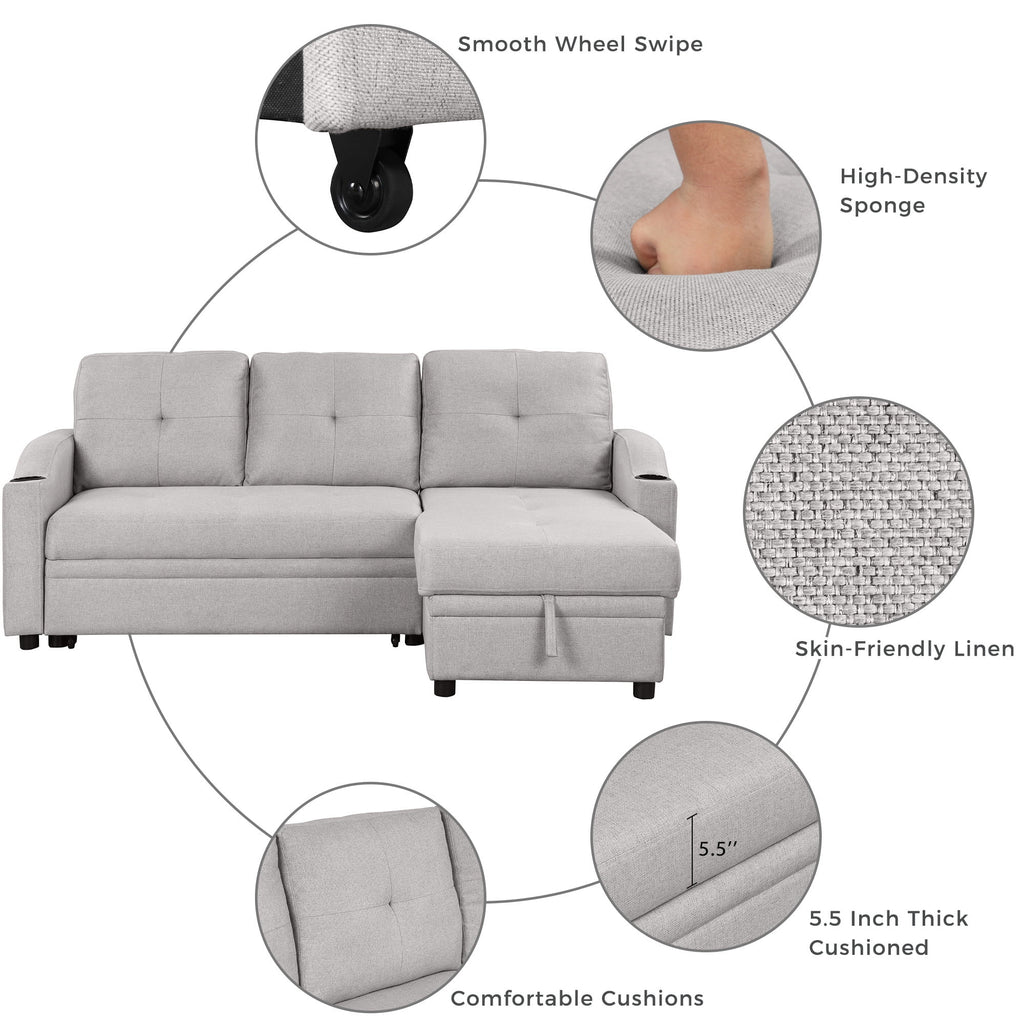 Gray Linen 3 Seater L Shape Sofa with Storage Chaise E536286