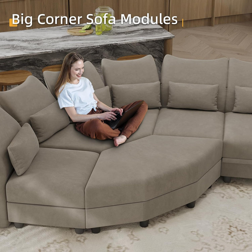 Brown Velvet Modular Sectional Sofa L Shaped Corner Couch with Storage Chaise O954