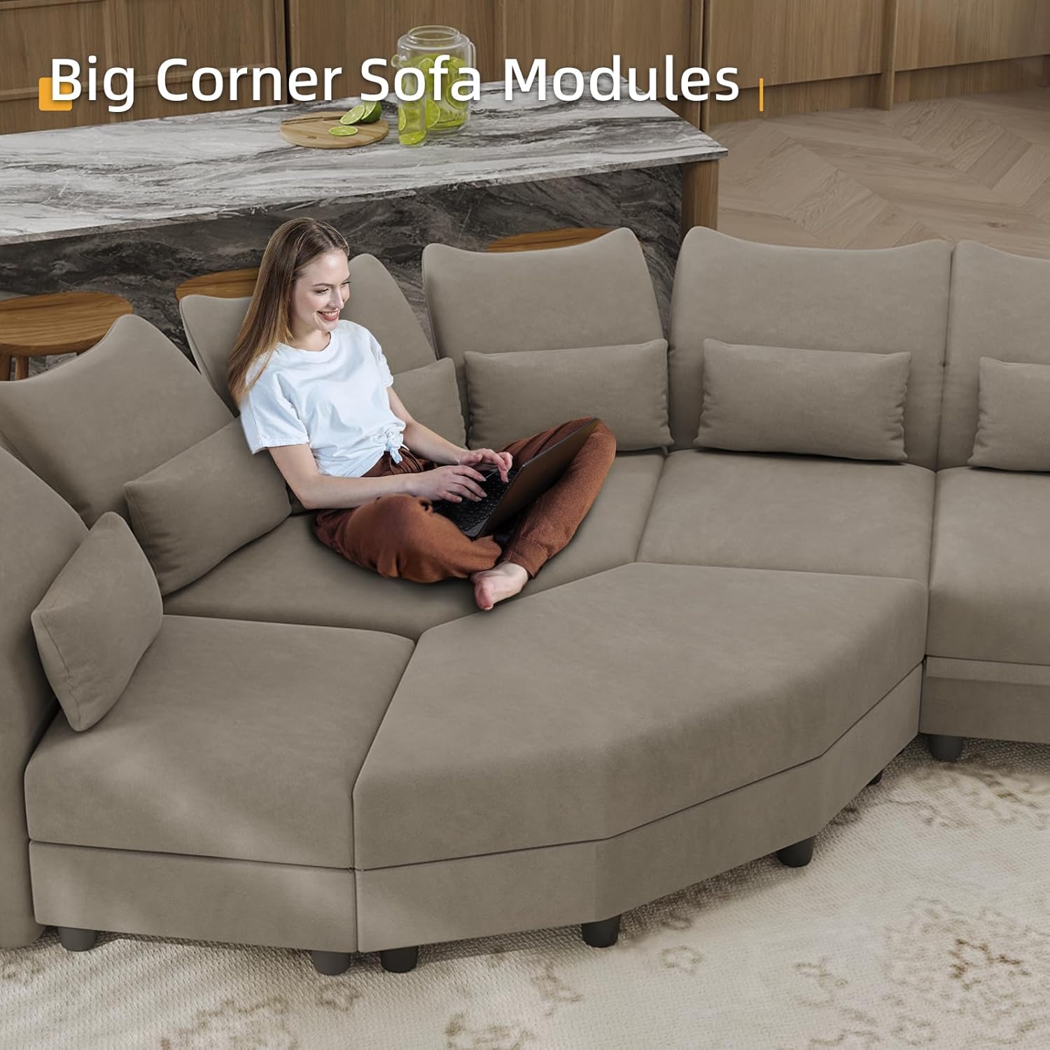 Brown Velvet Modular Sectional Sofa L Shaped Corner Couch with Storage Chaise O954