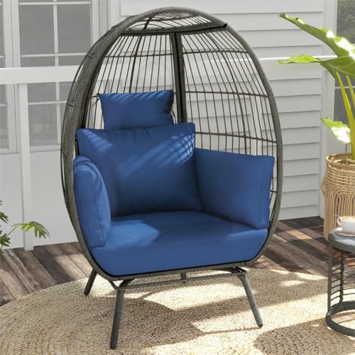 Beige Rattan Egg Chair with Ottoman Steel Frame M8015