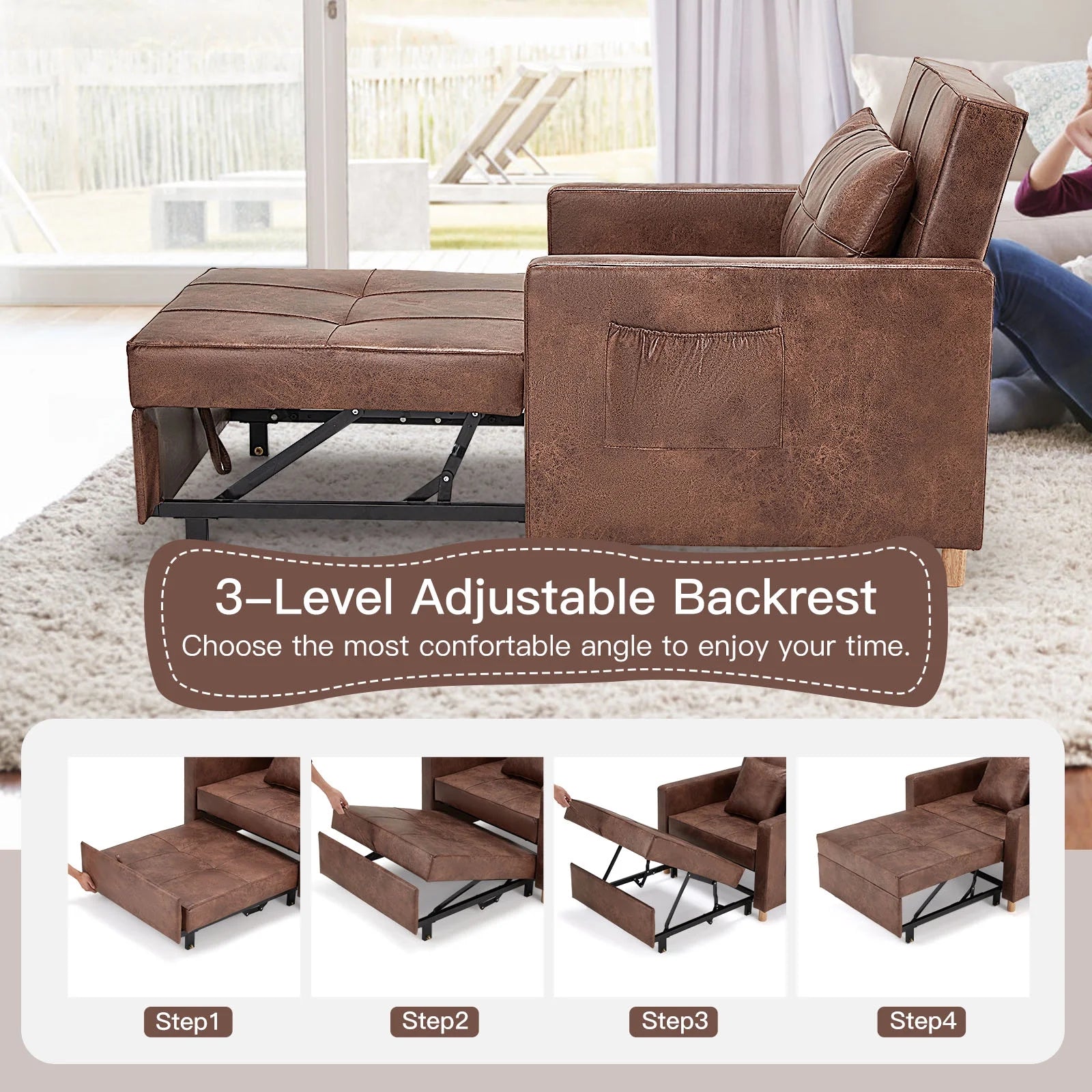 Saddle Brown 3-in-1 Convertible Sofa Bed Chair V175639