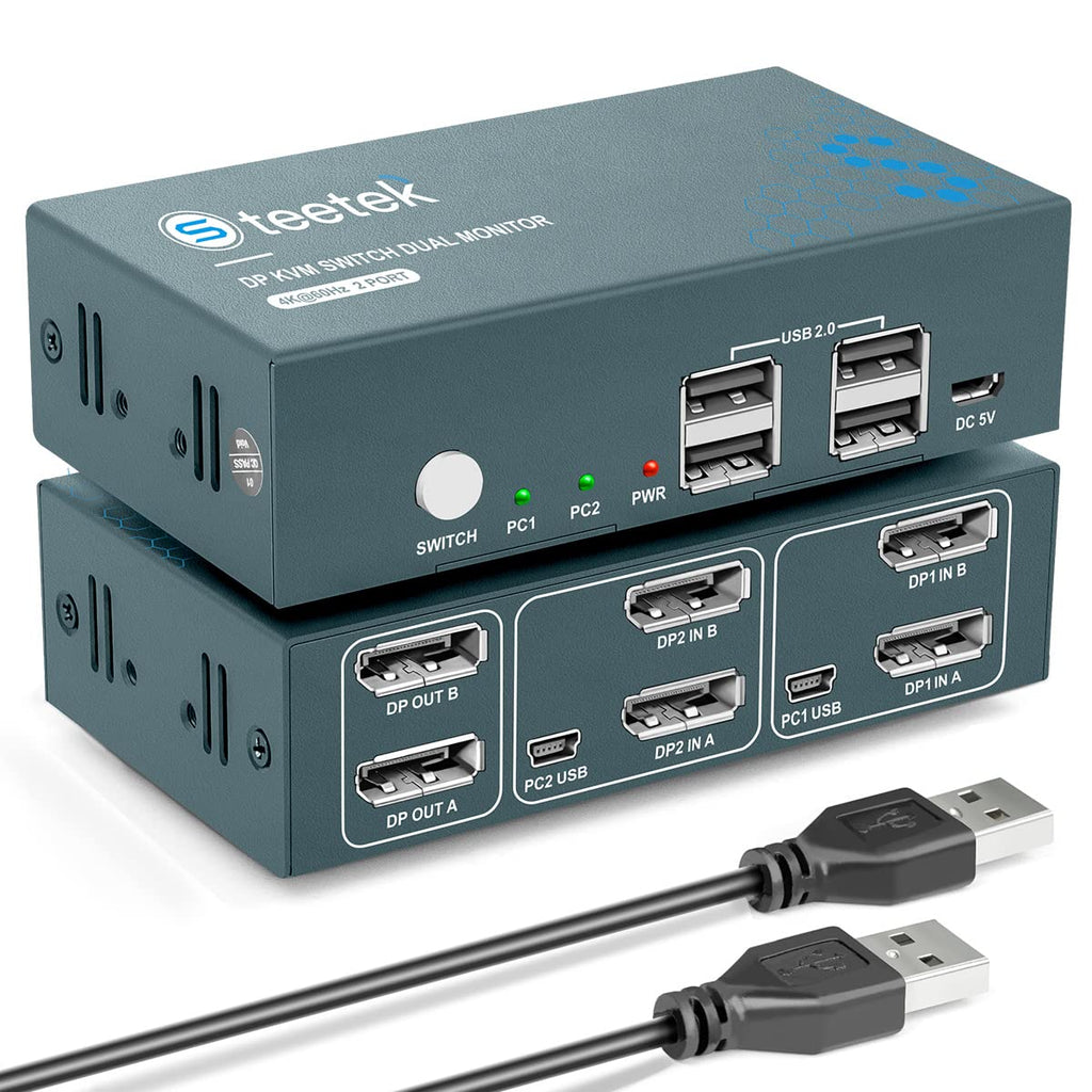 KVM Switch Dual Monitor DP 4K@60Hz with 4 USB 2.0 Hub O43227