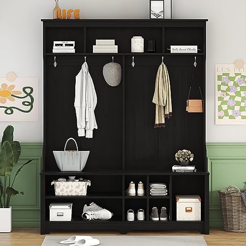 White Wooden 60 Inch Hall Tree with Storage Bench K9135