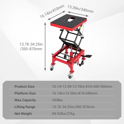 Hydraulic Motorcycle Lift Jack 350LBS, Foot Operated Scissor Lift Table, Heavy-Duty Steel Stand with Safety Lock & Wheels, Height Adjustable, Oil Drain Hole S256