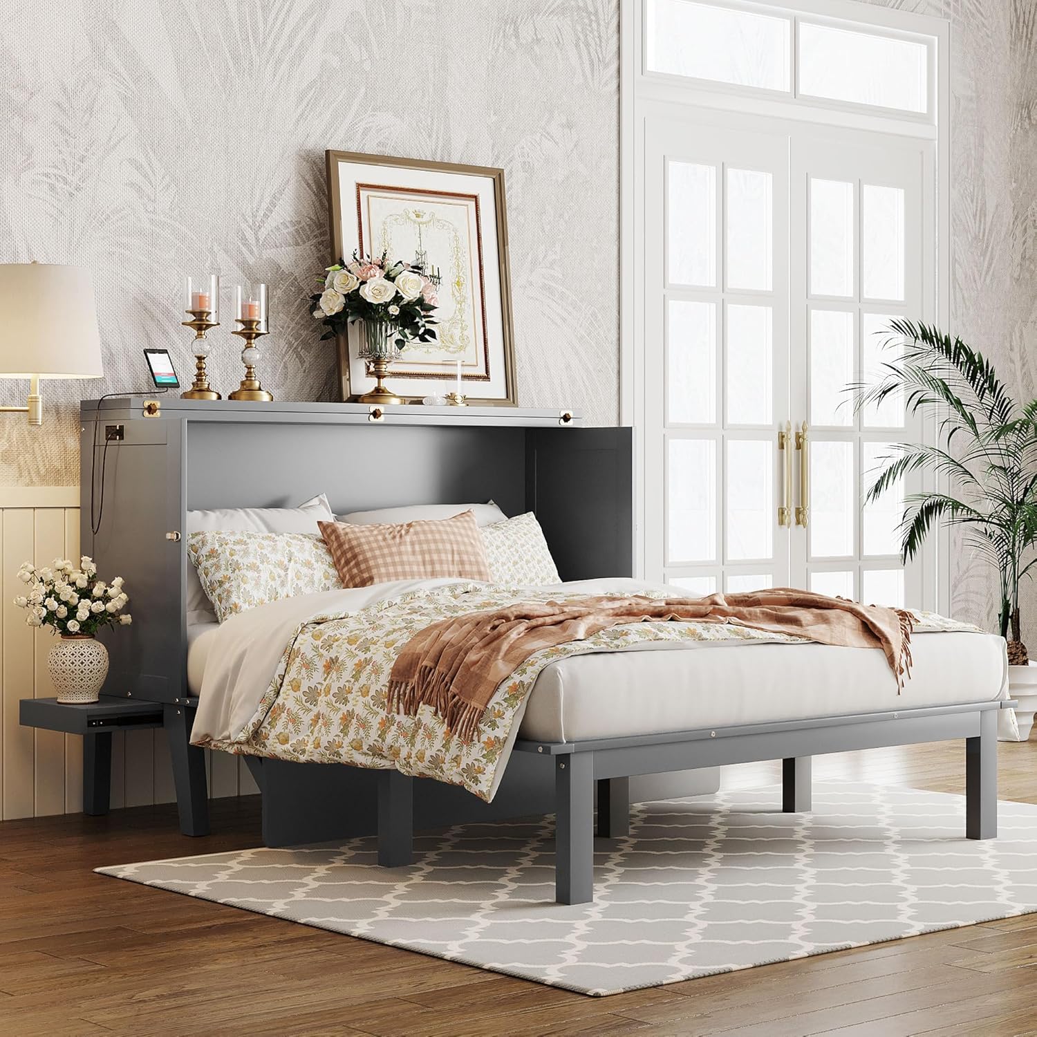 Grey Queen Murphy Bed with Desk Board and Removable Shelves E7492