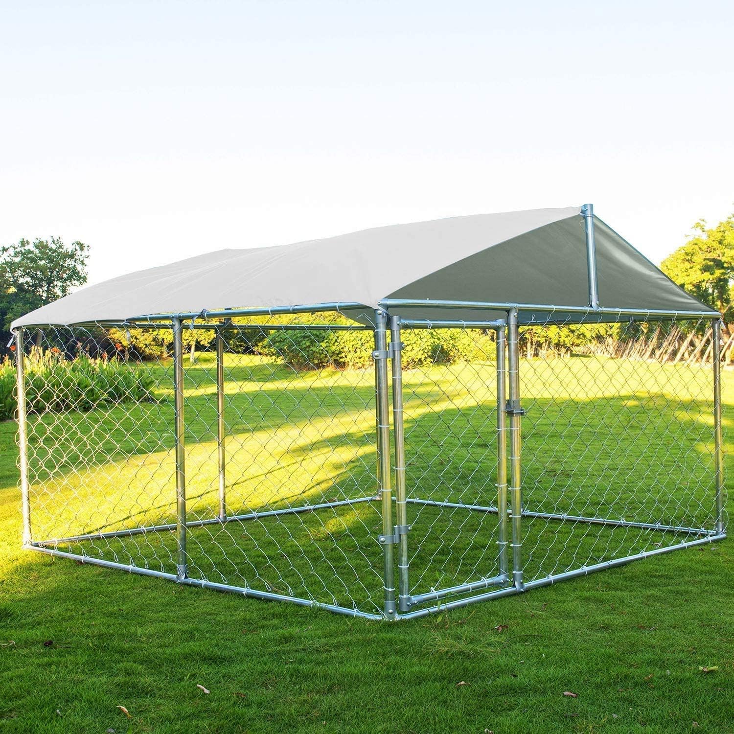Silver 90"x90"x63" Outdoor Dog Kennel with Water-Resistant Cover S4069