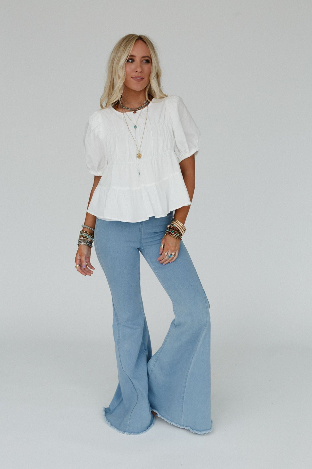 Shirr Delight Puff Sleeve Top - Off White