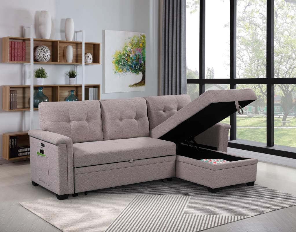 Linen Tufted Upholstered Convertible Corner Couch with Storage Chaise and Pull Out Bed, 84", Light Gray P902921