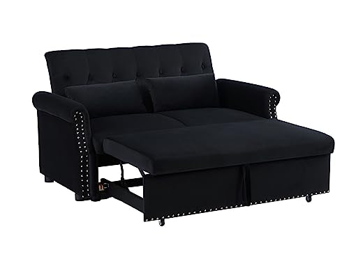 Black Velvet Convertible Sofa Bed with 2 Lumbar Pillows Z29376