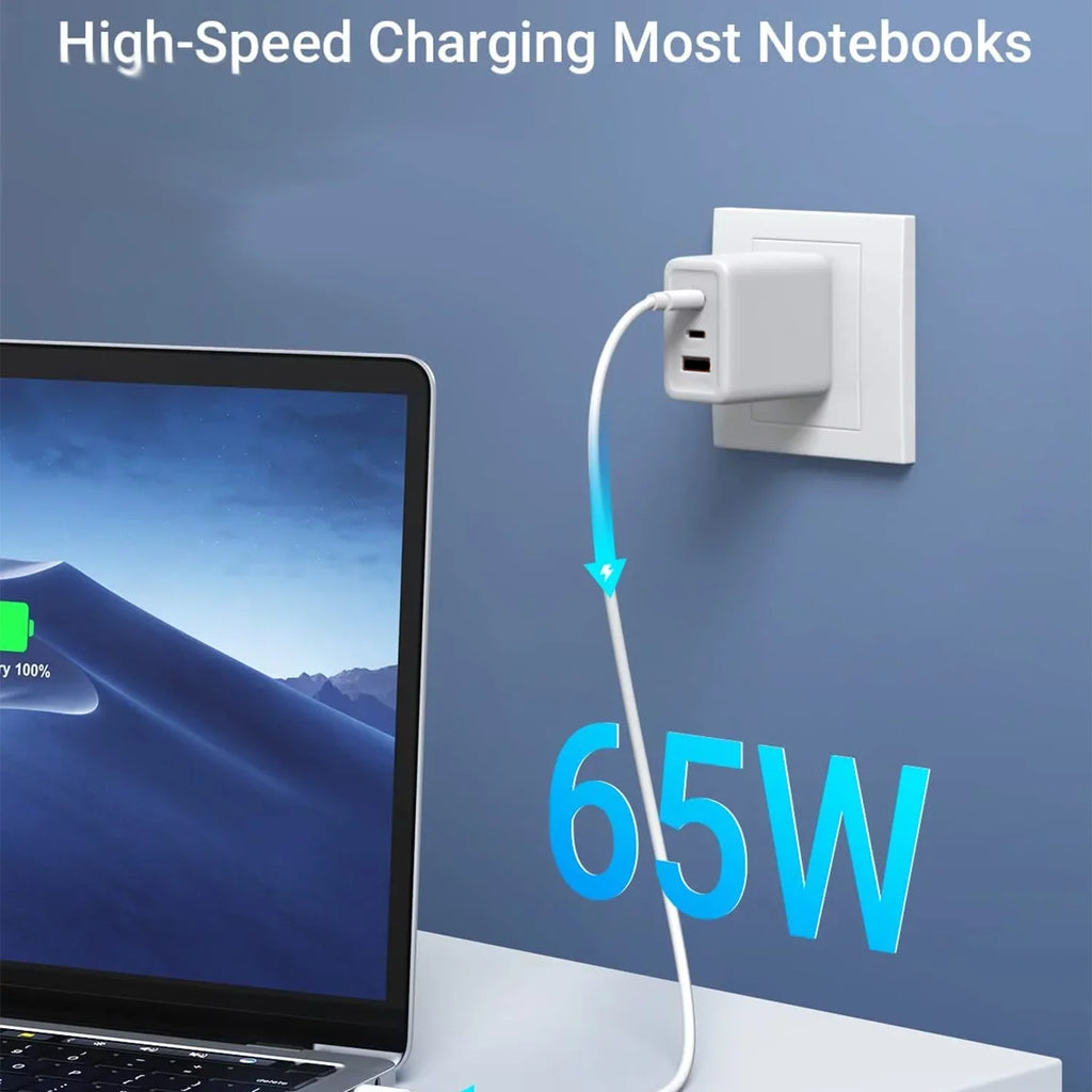 2-Pack 65W White USB C Wall Charger with 3 Ports Q689