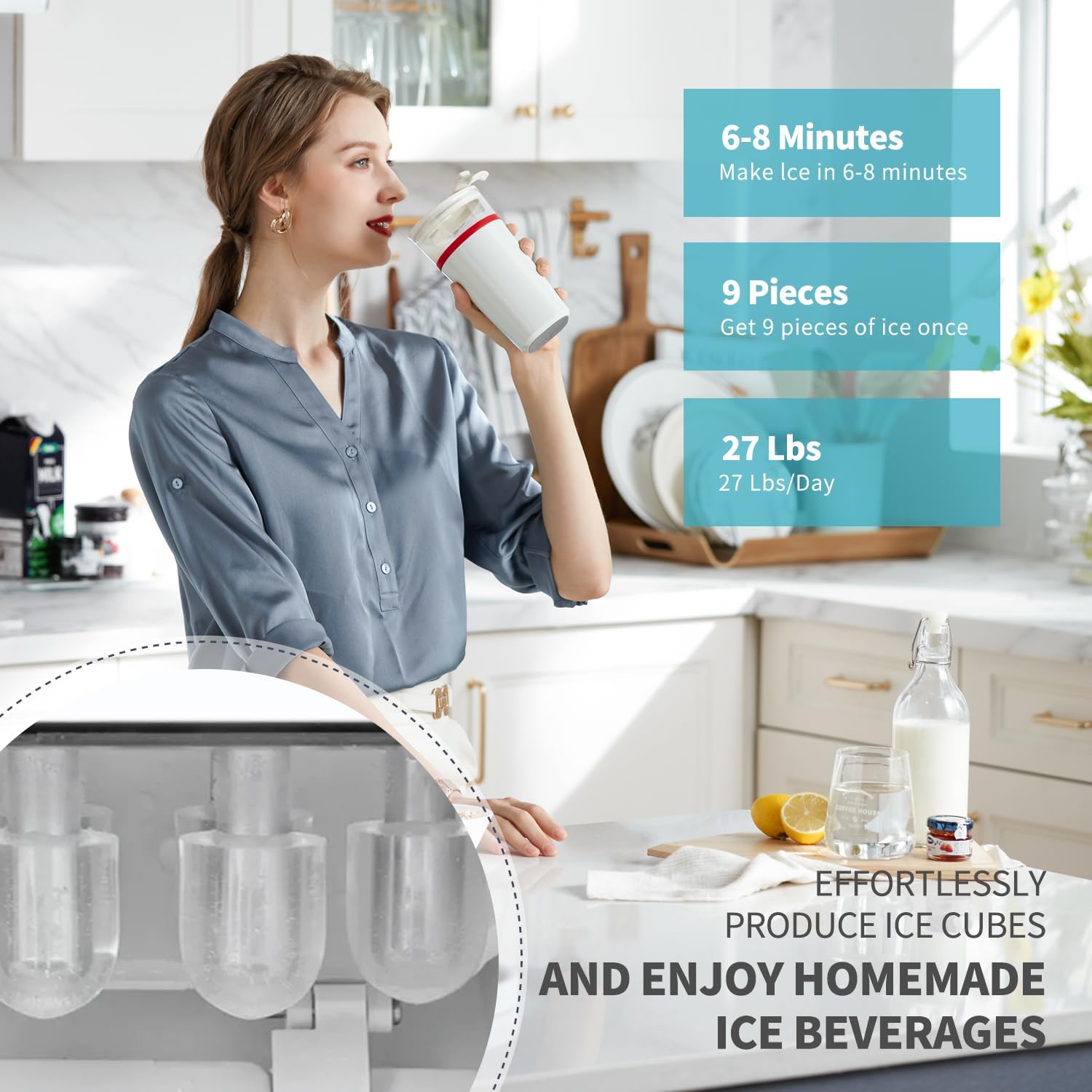 Water Dispenser Cooler with Ice Maker, 27LBS Daily Ice Making, Hot Cold Water, Child Safety Lock, Compatible with 3 or 5 Gallon Bottles I501546