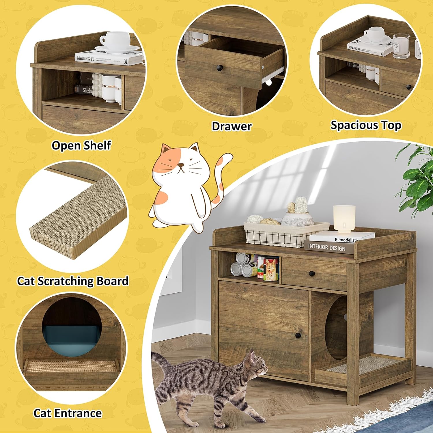 Wooden Cat Litter Box Enclosure with Shelves and Drawer E788