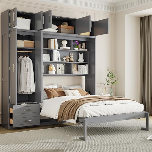 Queen Size Wood Murphy Bed with Desk and Storage Shelves W917164