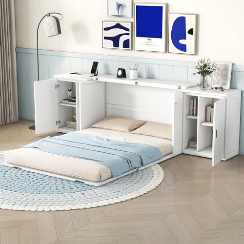 Queen Size Solid Wood Murphy Wall Bed With Storage and Bookcase Headboard (White) F614
