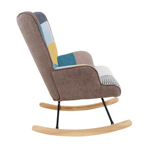 Patchwork Rocking Chair with Footstool and Pillow Fabric Upholstered High Back Lounge Chair 35''Lx 26''Wx37.8''H A390