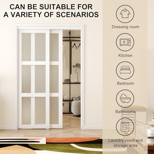 White Double Frosted Glass Sliding Closet Door, 96" × 80", MDF Z808