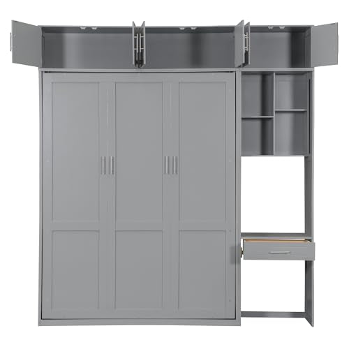 White Full Size Wood Murphy Bed with Desk and Storage Shelves A97733
