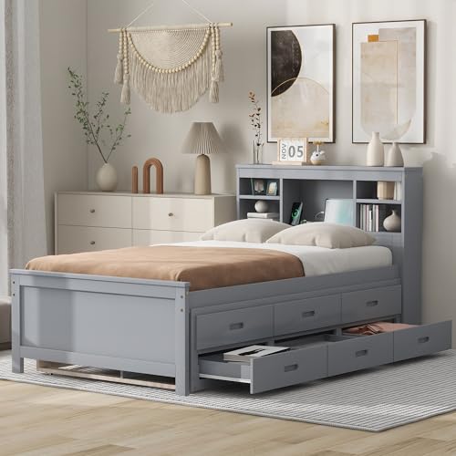 Gray Full Size Bookcase Bed with Trundle and Storage Drawers L29631